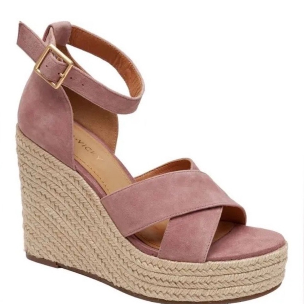 Lisa Vicky Gemi V Dusty Pink Kid Suede Wedge Espadrille Heel Sandal